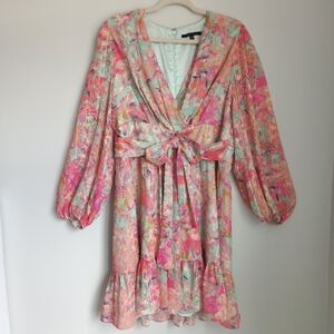 Alex Marie Sea Green Pink Floral Spring Deep V-Neck Dress Puff Sleeves Size 14